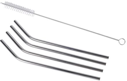 Drinkrietjes - 4x - RVS - gebogen - incl. borstel - metalen rietjes - herbruikbaar Zilver