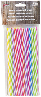 Drinkrietjes - kunststof - 24x - multicolor - 21 cm - met borstel - herbruikbaar