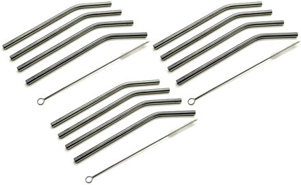 Drinkrietjes RVS - 12x - incl. reinigingsborstel - metalen rietjes