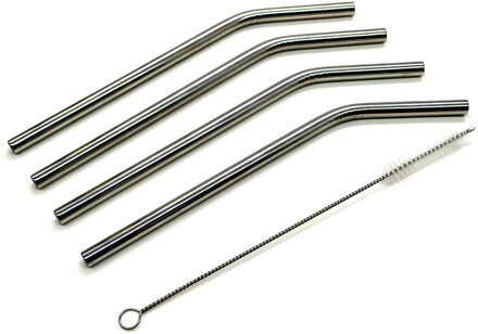 Drinkrietjes RVS - 4x - incl. reinigingsborstel - metalen rietjes Zilver
