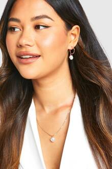 Drop Pearl Oorringen En Ketting Set, Gold - ONE SIZE