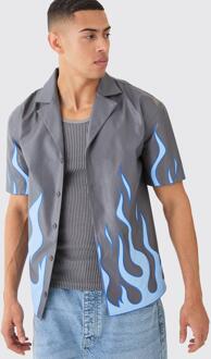 Drop Pu Overhemd Met Korte Mouwen, Revers Kraag En Vlammen, Charcoal - XL