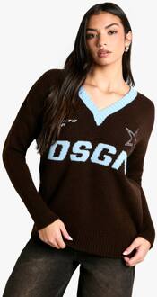 Dsgn Geborduurde Oversized V-Hals Gebreide Trui, Chocolate - S