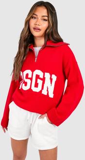 Dsgn Jacquard Knitted Half Zip Sweater, Red - L