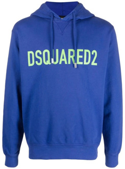 Dsquared2 Blauwe Katoenen Logo Print Hoodie Dsquared2 , Blue , Heren - 2Xl,Xl,L,M