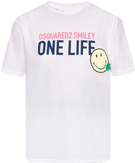 Dsquared2 One Life One Planet Smiley T-Shirt met Print Dsquared2 , White , Dames - XL