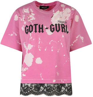 Dsquared2 Roze Katoenen T-Shirt met Frontprint en Veters Dsquared2 , Pink , Dames - S,Xs