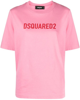 Dsquared2 Roze Katoenen T-shirt met Logo Print Dsquared2 , Pink , Dames - M,Xs