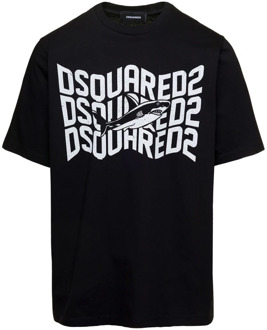Dsquared2 Zwart T-shirt met Haai en Logo Print Dsquared2 , Black , Heren - Xl,L,M,S