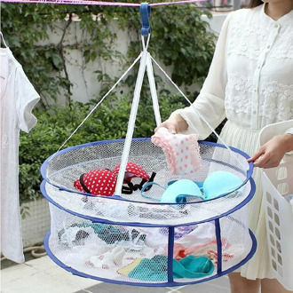 Dual Layers Folding Drying Racks & Nets Mesh Blue Sweater Underwear Bra Hanging Basket Laundry Storage & Organization