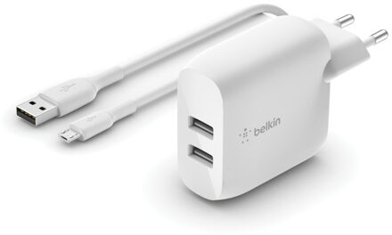 dual USB-A wandlader met USB-A/Micro-USB kabel (Wit)