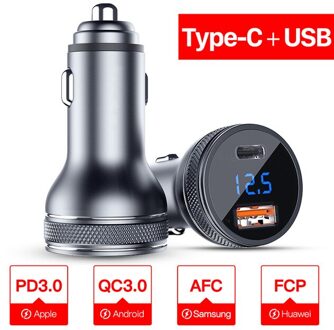Dual Usb Car Charger Quick Charge 36W Snel Opladen Voor Xiaomi Samsung Interface Usb + Type C Qc Pd 3.0 Auto Aansteker Slot Recharge type C USB grijs