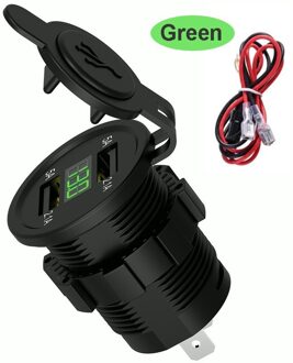 Dual Usb Charger Socket Adapter Led Display Met Stofkap Stopcontact Auto Motorfiets (Output 5V2.1A / Input 12V24V) groen