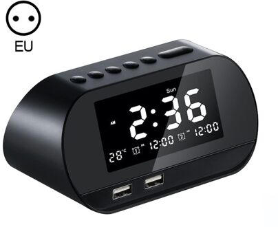 Dual Usb Opladen Wekker Slimme Draadloze Radio Lcd Kalender Kalender Temperatuur Display Voor Slaapkamer Desktop zwart EU