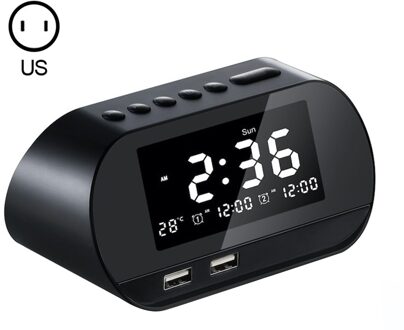 Dual Usb Opladen Wekker Slimme Draadloze Radio Lcd Kalender Kalender Temperatuur Display Voor Slaapkamer Desktop zwart US