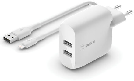 Dual USB Wall Charger + USB-A naar Lightning kabel - 24W Oplader Wit