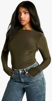 Dubbel Laag Slinky Lange Mouw Top, Khaki - 44