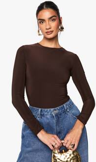 Dubbel Laag Slinky One Piece Met Lange Mouwen En Ronde Hals, Chocolate - 42