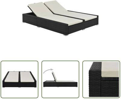 Dubbel Zonnebed - Poly Rattan - Zwart - 202x145x80 cm - Verstelbare Rugleuning - Inclusief 2 Kussens