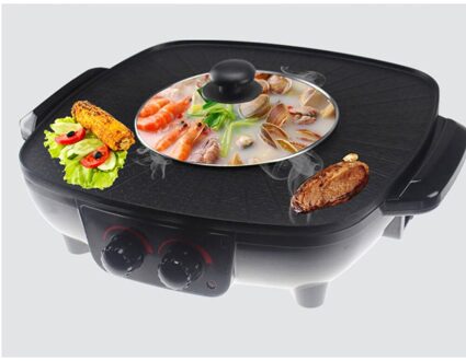 Dubbele Controle Roosteren Pot Elektrische Barbecue Hotpot Oven Grill Teppanyaki Rookloze Pot Machine Bbq Zwart Pot Met Driehoek
