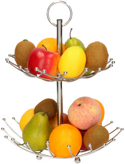 Dubbele etagere fruitschaal/fruitmand rond zilver metaal 36 x 40 cm - Fruitschalen Zilverkleurig