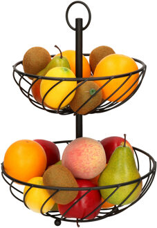 Dubbele etagere fruitschaal/fruitmand rond zwart metaal 27 x 39 cm - Fruitschalen Zilverkleurig