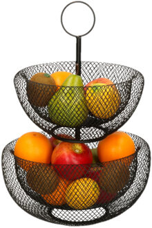 Dubbele etagere fruitschaal/fruitmand rond zwart metaal 29 x 47 cm - Fruitschalen