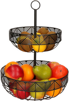 Dubbele etagere fruitschaal/fruitmand rond zwart metaal 30 x 42 cm - Fruitschalen Zilverkleurig