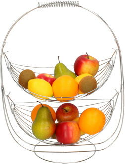 Dubbele etagere fruitschaal/fruitmand zilver metaal 34 x 25 x 46 cm - Fruitschalen Zilverkleurig