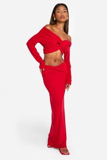 Dubbele Laag Slinky Knoop Voorkant Maxirok, Red - 42