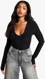 Dubbele Laag Slinky One Piece Met Diepe V-Hals En Lange Mouwen, Black - 36