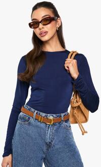Dubbele Laag Slinky One Piece Met Lange Mouwen En Ronde Hals, Navy - 34