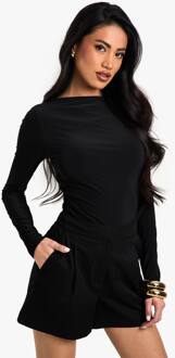 Dubbele Laag Slinky Slash Neck Lange Mouwen One Piece, Black - 42