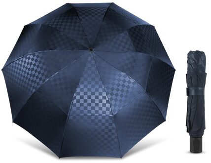 Dubbele Laag Winddicht Paraplu Regen Vrouwen Mannen 4 Vouwen 10K Zaken Paraplu Mannelijke Dark Grid Parasol Familie Reizen Paraguas blauw