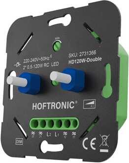 Dubbele LED draaidimmer - 2 x 0.5-120W - Fase-afsnijding (trailing edge) - Twee onafhankelijke kanalen - Wisselschakeling - Duo Dimmer Zwart