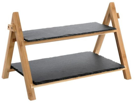 Dubbele Leisteen/bamboe serveerplank voor voedsel en hapjes 40 x 25 x 27 cm - Kaasplankjes Grijs