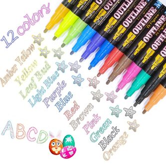 Dubbele Lijn Overzicht Pennen, 12/18 Kleuren Self-Outline Metallic Markers Glitter Outline Pennen Schrijven Tekening Pennen Doodle Verblinden Pen 12stk 1 reeks zilver