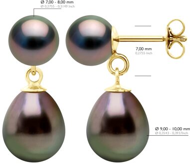 Dubbele Oorbellen - Geel Goud - Echte Gecultiveerde Tahiti Perlen Rond 7-8 en Pear 9-10 mm - One Size