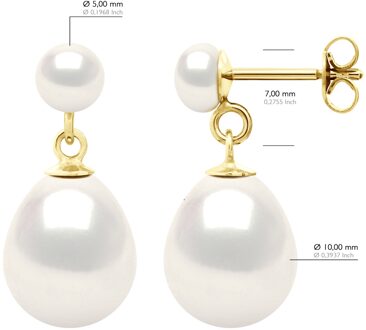 Dubbele Oorbellen Geel Goud - Echte Gecultiveerde Zoetwaterparels Knop 5-6 mm + Peervorm 10-11 mm - One Size