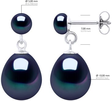 Dubbele Oorbellen Wit Goud - Echte Gecultiveerde Zoetwaterparels Knop 5-6 mm + Peer 10-11 mm Zwart - One Size