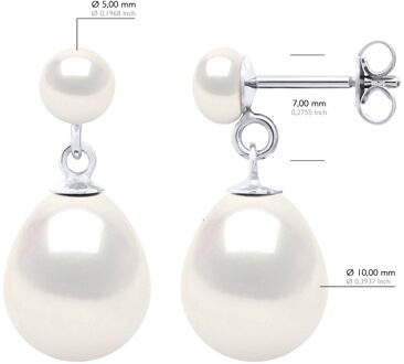 Dubbele Oorbellen Wit Goud - Echte Gekweekte Zoetwaterparels Knop 5-6 mm + Peer 10-11 mm - One Size