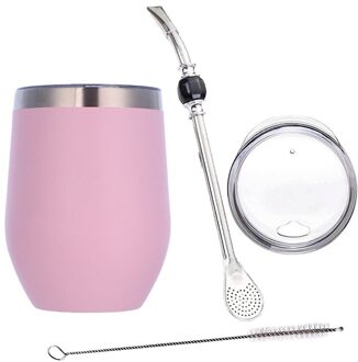 Dubbele Wand Roestvrij Yerba Kalebas Mate Thee Set Water Mate Thee Cup Met Deksel Hoofd Filter Lepel Stro Bombilla borstel roze