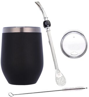 Dubbele Wand Roestvrij Yerba Kalebas Mate Thee Set Water Mate Thee Cup Met Deksel Hoofd Filter Lepel Stro Bombilla borstel zwart