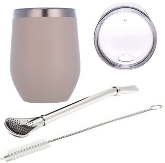 Dubbele Wand Roestvrij Yerba Kalebas Mate Thee Set Water Mate Thee Cup Met Deksel Lepel Stro Bombilla Hoofd Filter borstel khaki