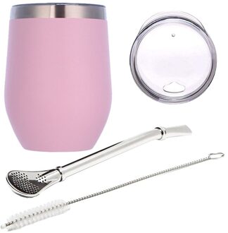 Dubbele Wand Roestvrij Yerba Kalebas Mate Thee Set Water Mate Thee Cup Met Deksel Lepel Stro Bombilla Hoofd Filter borstel roze