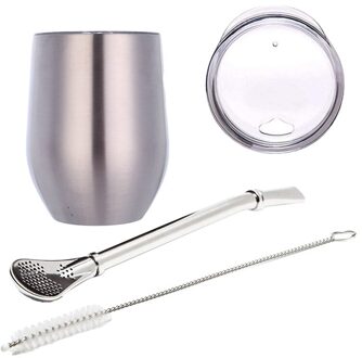 Dubbele Wand Roestvrij Yerba Kalebas Mate Thee Set Water Mate Thee Cup Met Deksel Lepel Stro Bombilla Hoofd Filter borstel zilver