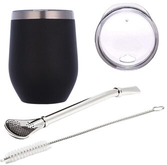 Dubbele Wand Roestvrij Yerba Kalebas Mate Thee Set Water Mate Thee Cup Met Deksel Lepel Stro Bombilla Hoofd Filter borstel zwart