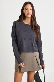 Dubbelgeknoopte Gebreide Cardigan Met Kraag, Charcoal - XL