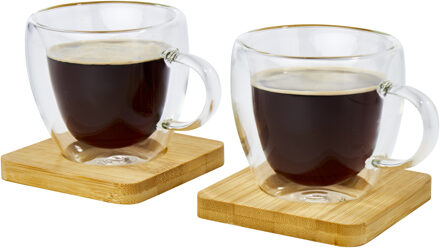 Dubbelwandige koffieglazen/theeglazen 100 ml - set van 2x stuks - met bamboe onderzetters Transparant