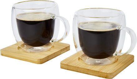 Dubbelwandige koffieglazen/theeglazen 250 ml - set van 4x stuks - met bamboe onderzetters - Koffie- en theeglazen Transparant